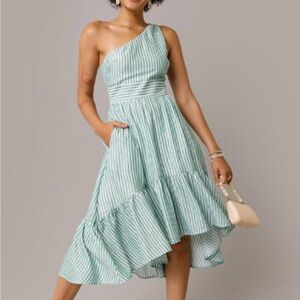 Jada Striped Green & White One Shoulder Midi Dress High Low Size Medium
